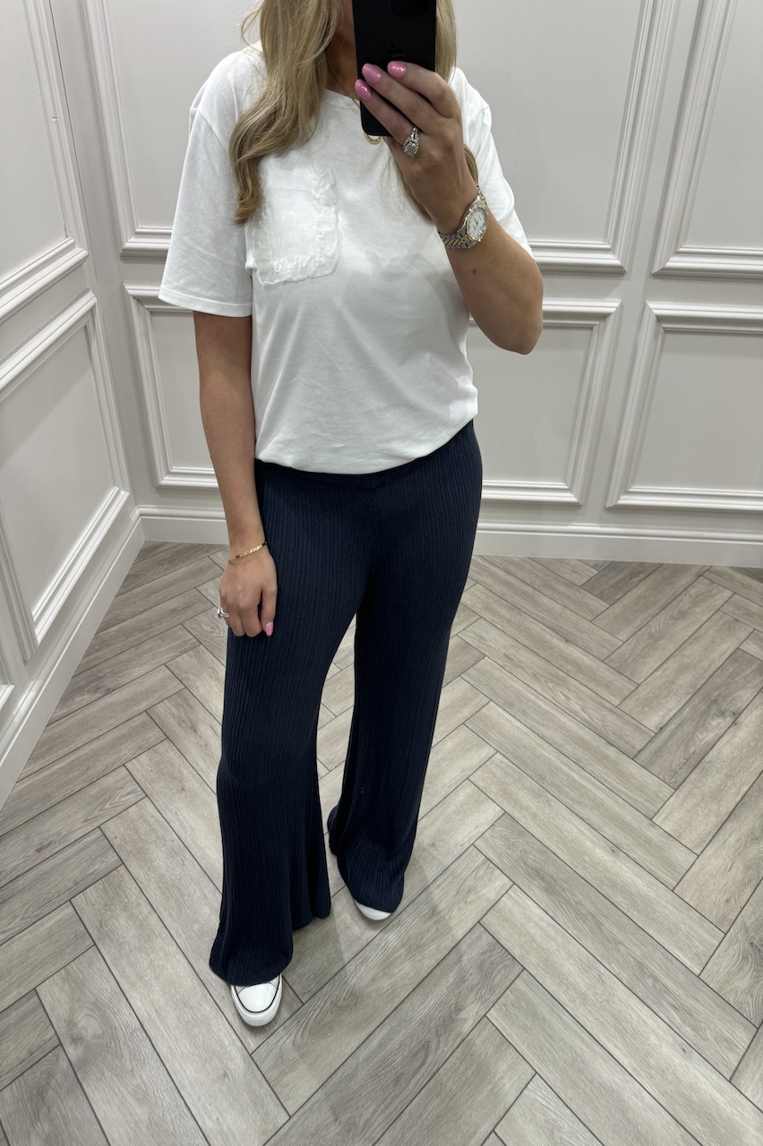 Navy Must Have Wide Leg Ribbed Trousers