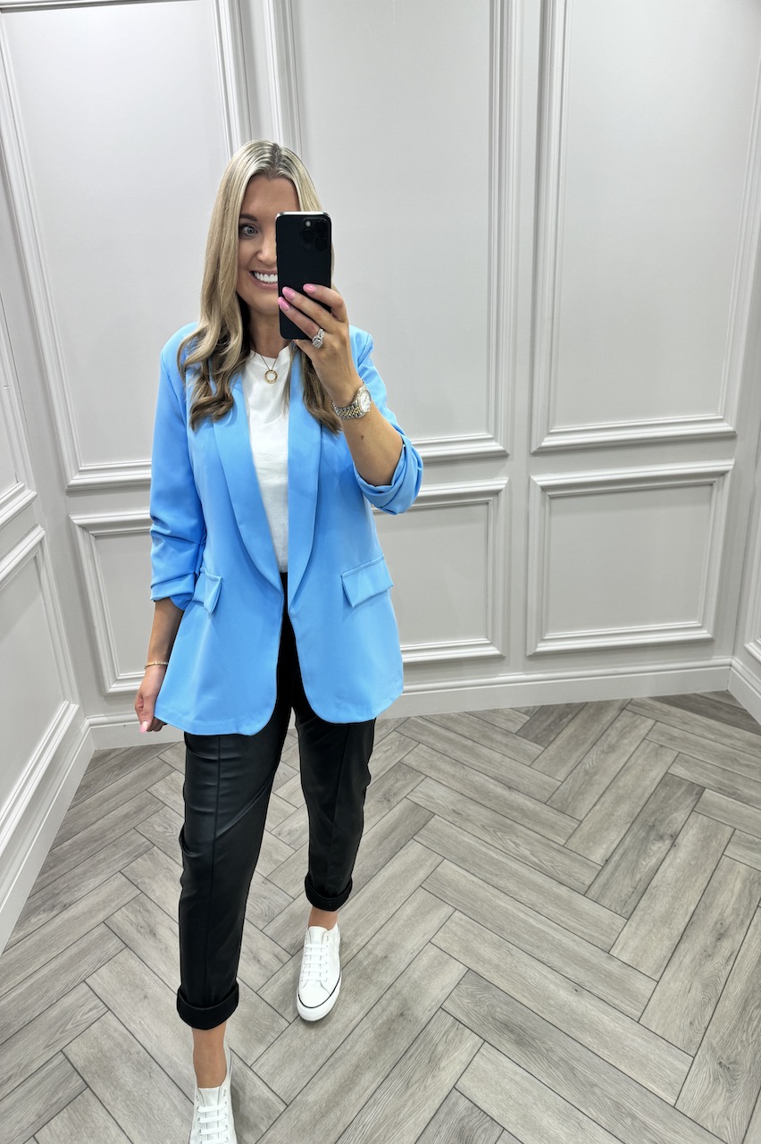 Ariana Baby Blue Classic Blazer with ruched sleeve