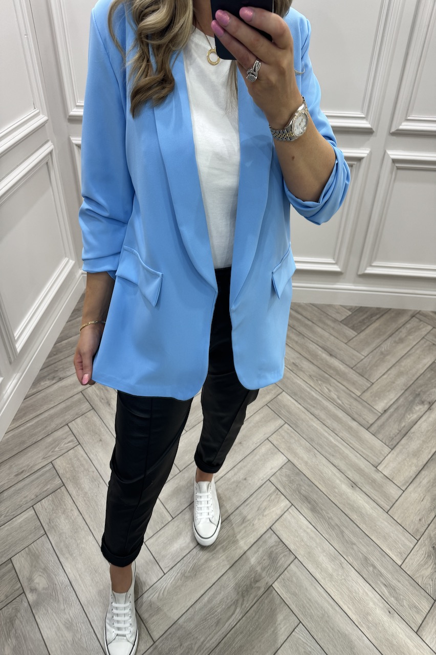 Ariana Baby Blue Classic Blazer with ruched sleeve