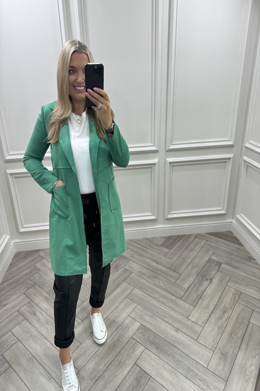 Suede Sensation Jade Green Faux Suede Longline Jacket