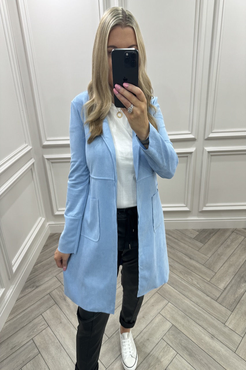 Suede Sensation Sky Blue Faux Suede Longline Jacket