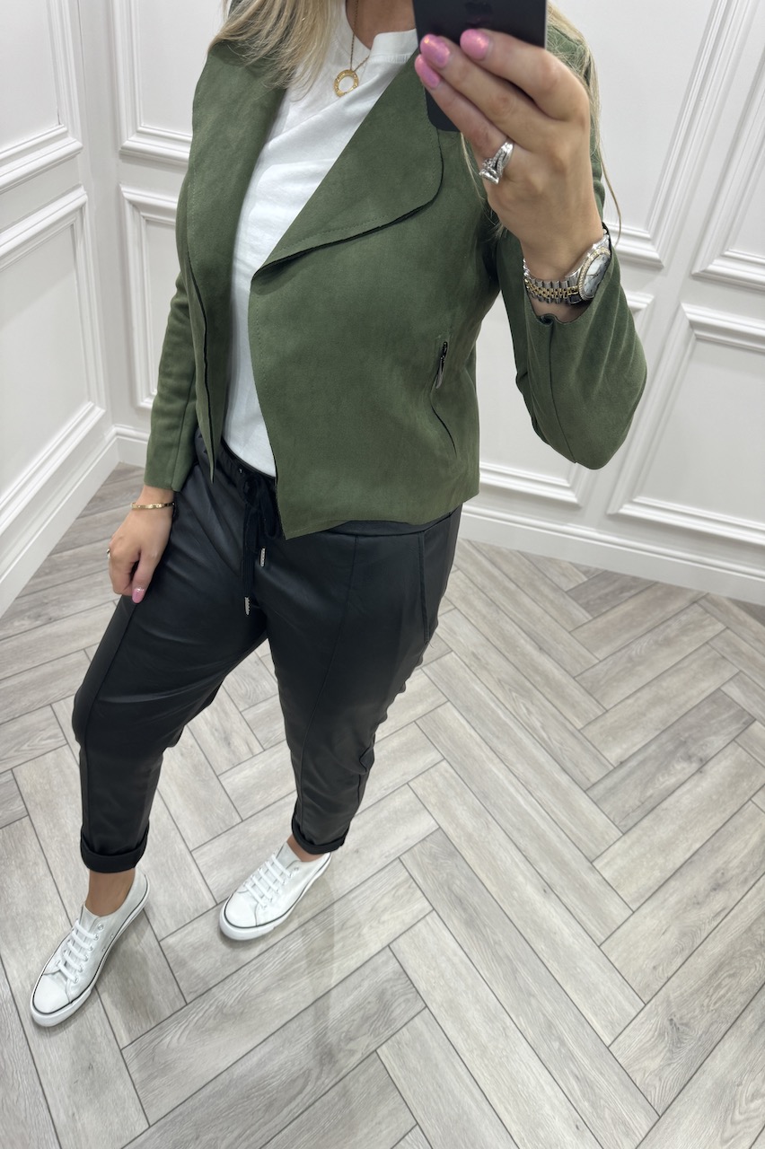 Suede Sensation Khaki Faux Suede Biker Jacket