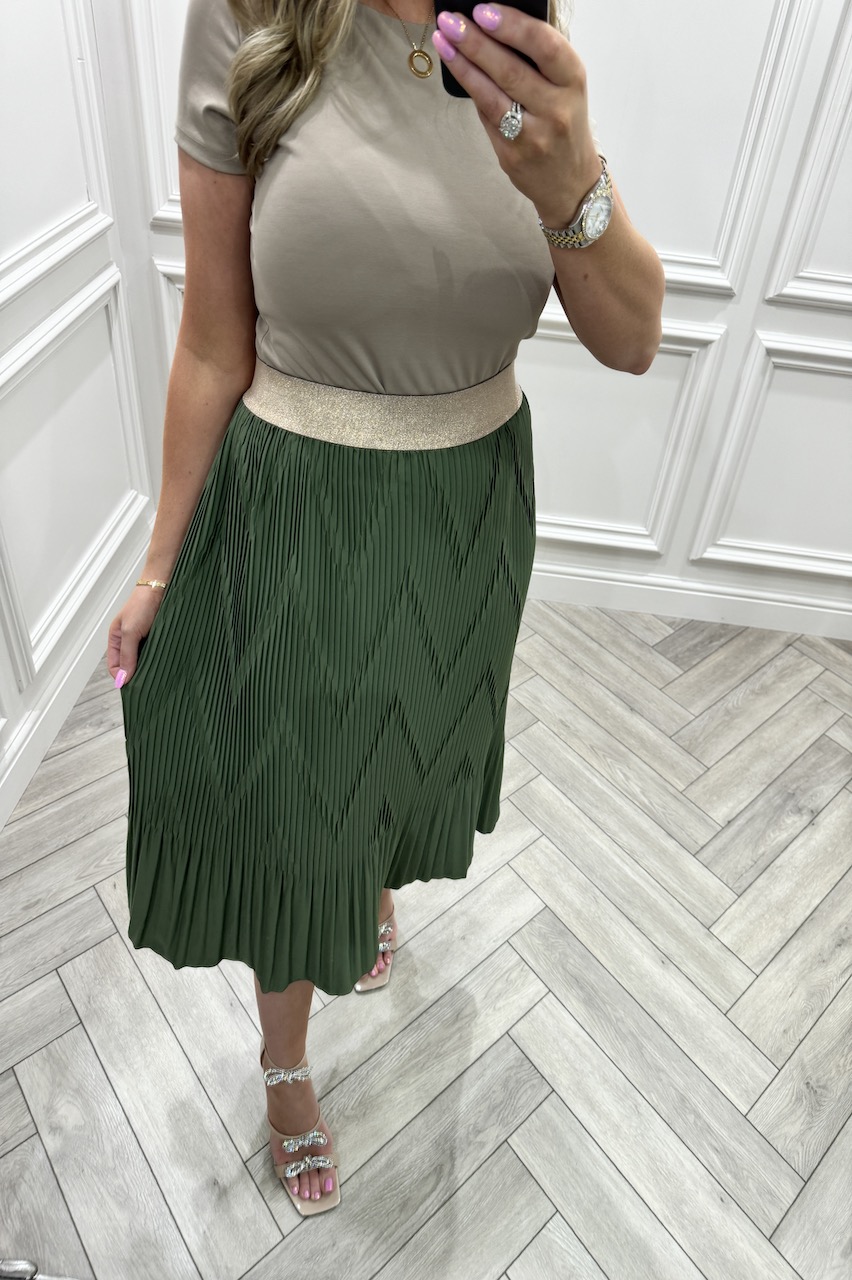 Khaki Dreamy Pleated Midi Skirt