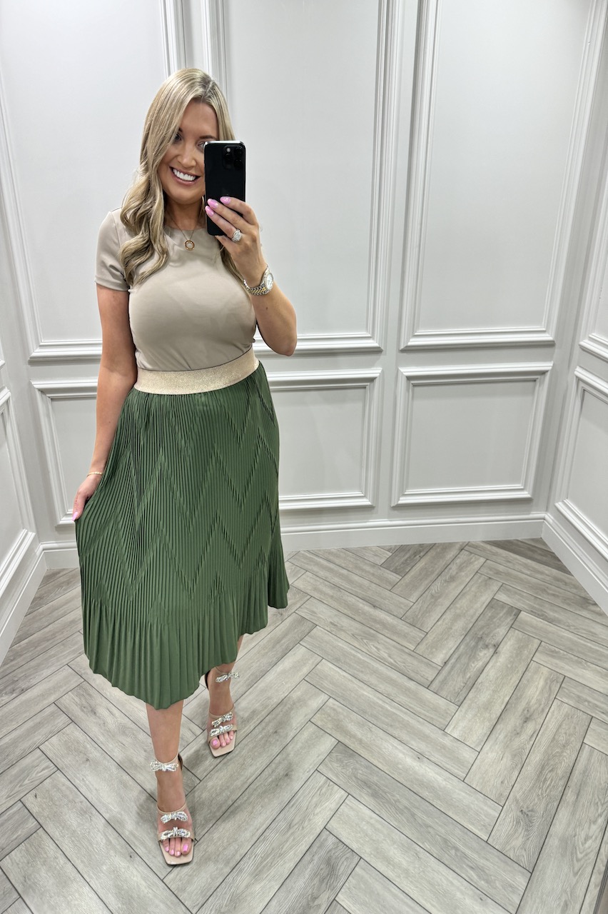 Khaki Dreamy Pleated Midi Skirt