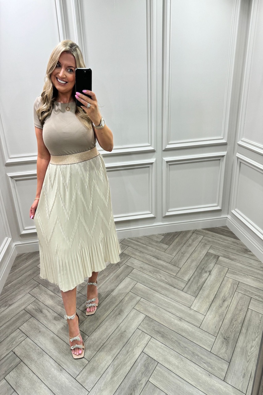 Beige Dreamy Pleated Midi Skirt