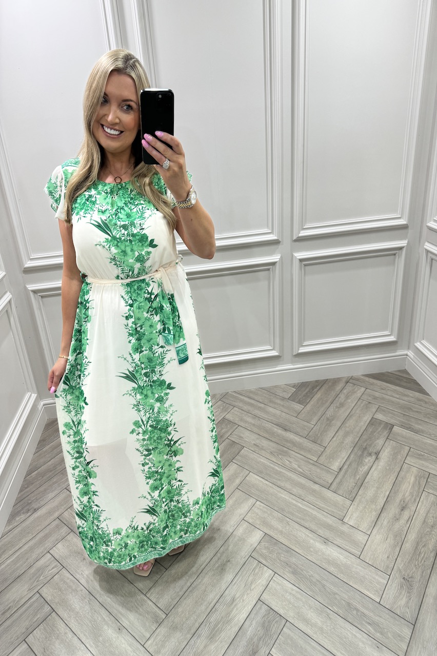 Green Blossom Angel Sleeve Midi Dress