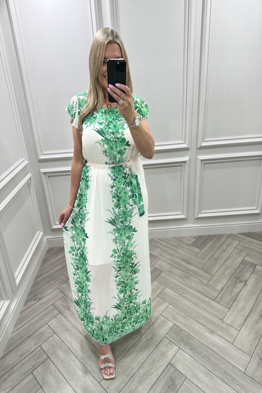 Green Blossom Angel Sleeve Midi Dress