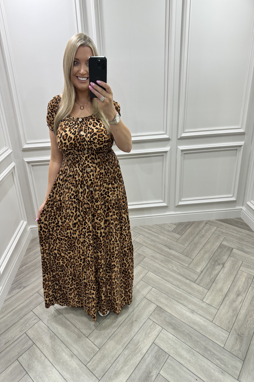 Brown Leopard Shirred Maxi Dress