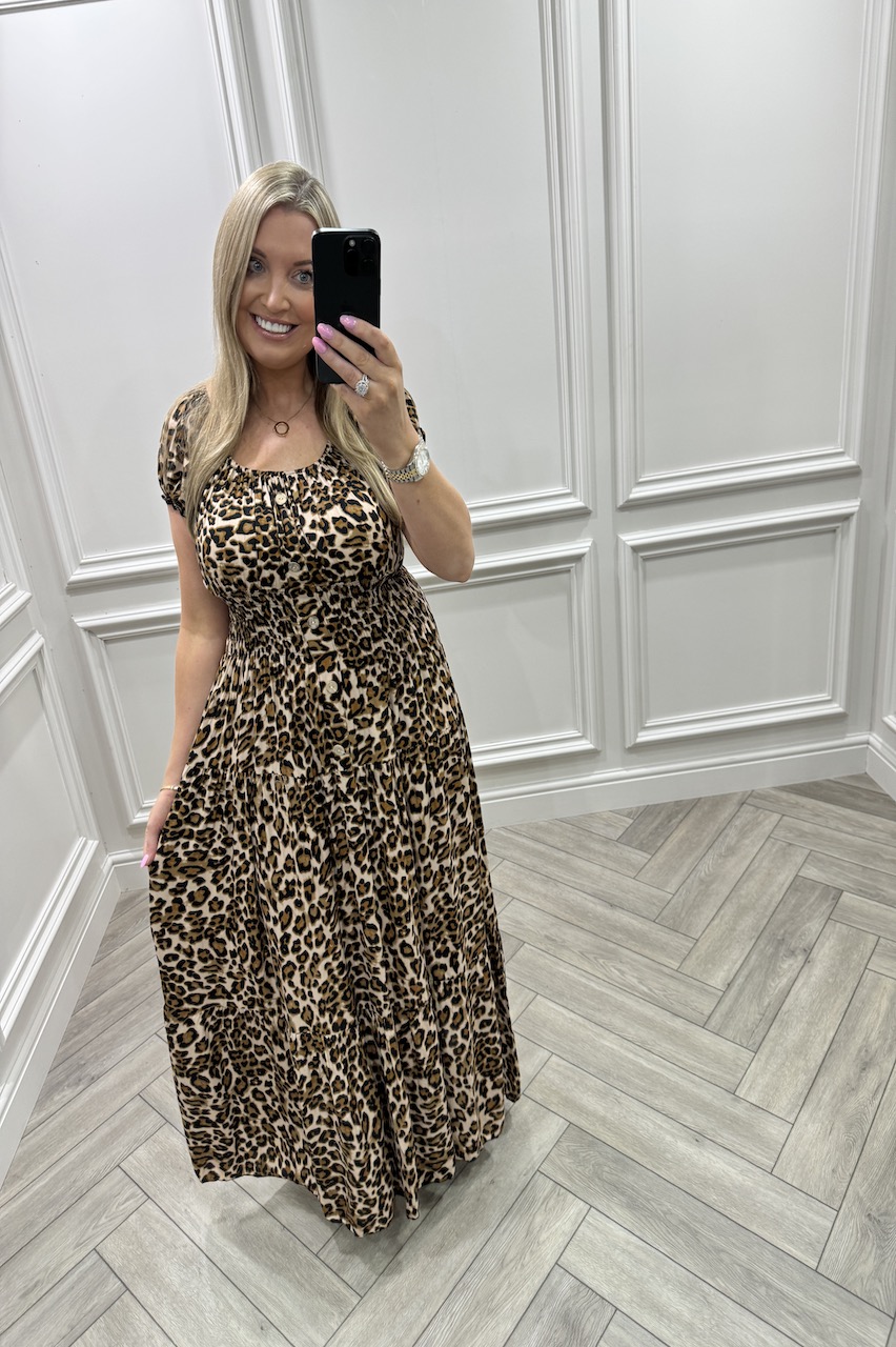 Beige Leopard Shirred Maxi Dress