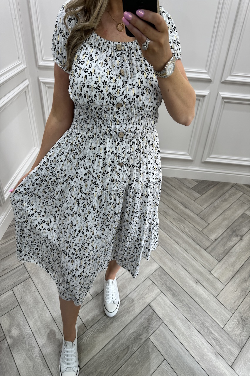 White Aster Shirred Midi Dress