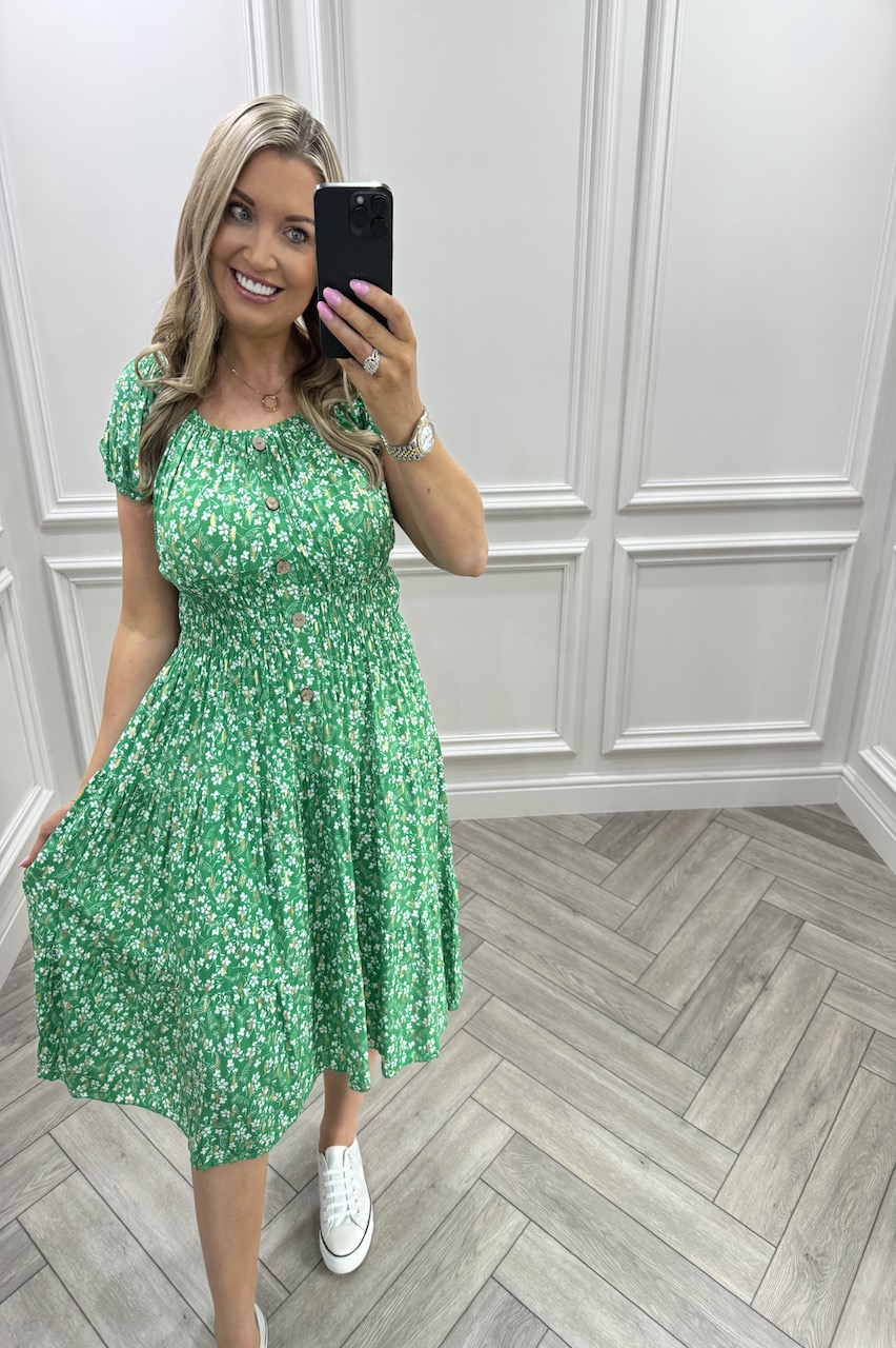 Green Aster Shirred Midi Dress