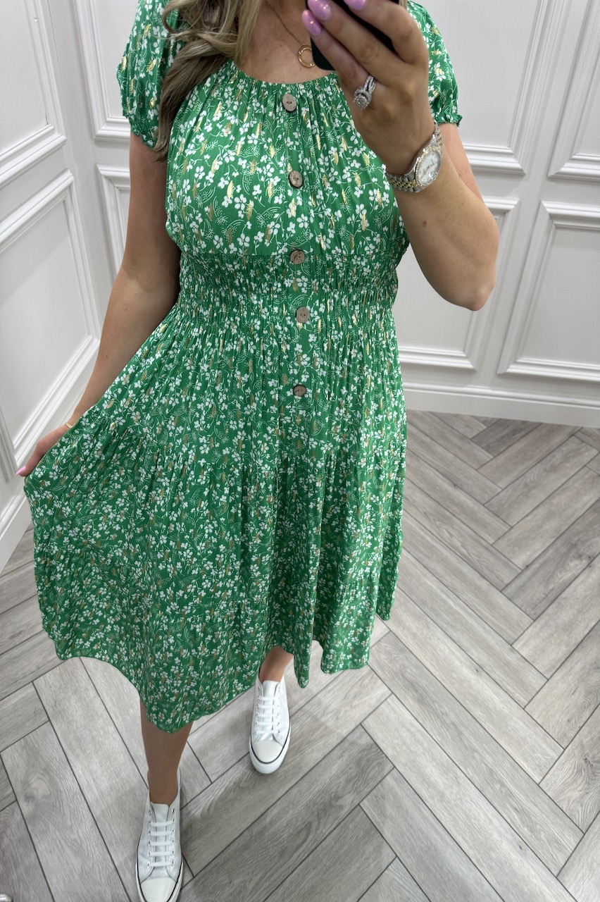 Green Aster Shirred Midi Dress