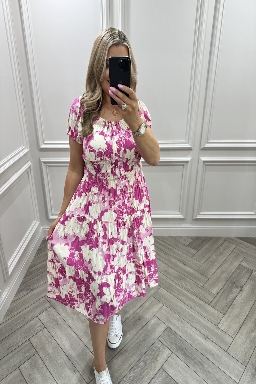 Pink Jasmine Shirred Midi Dress