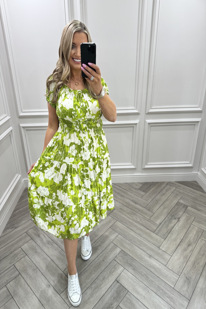 Green Jasmine Shirred Midi Dress