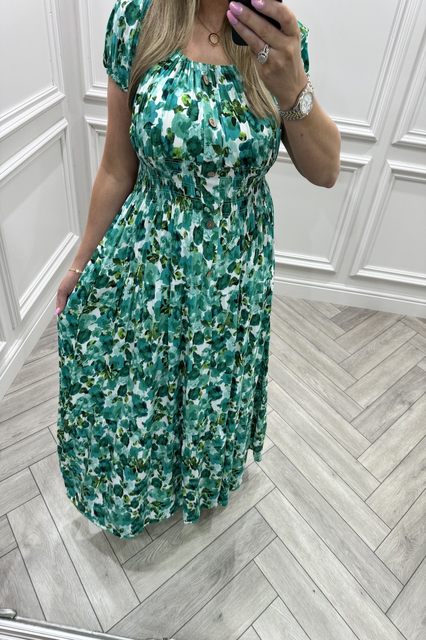 Green Peony Shirred Maxi Dress