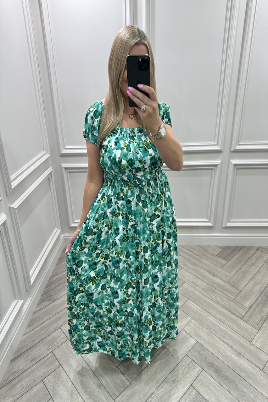 Green Peony Shirred Maxi Dress