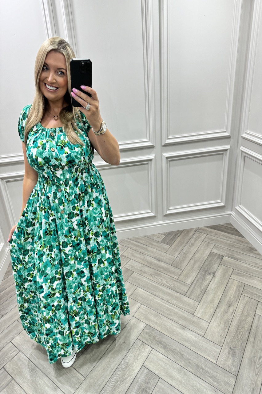 Green Peony Shirred Maxi Dress