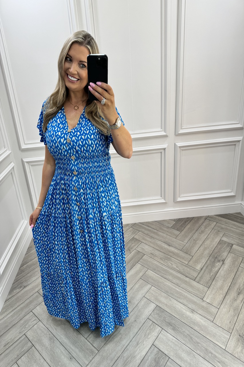 Blue Azalea Pattern Shirred Maxi Dress