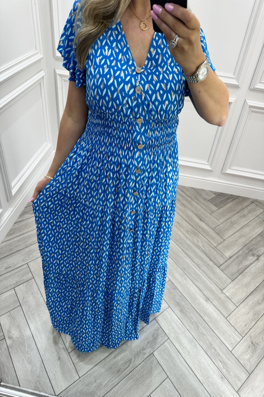 Blue Azalea Pattern Shirred Maxi Dress