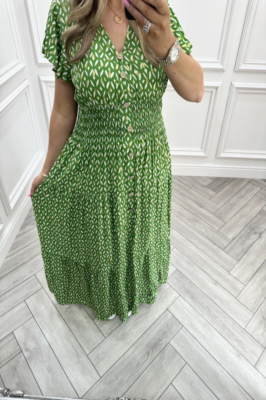 Green Azalea Pattern Shirred Maxi Dress