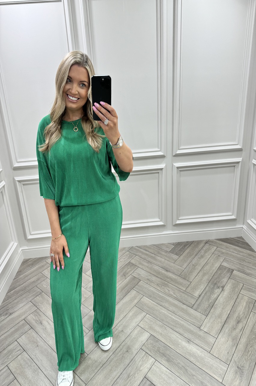 Green Blissfull Plissse Co -Ord Set 