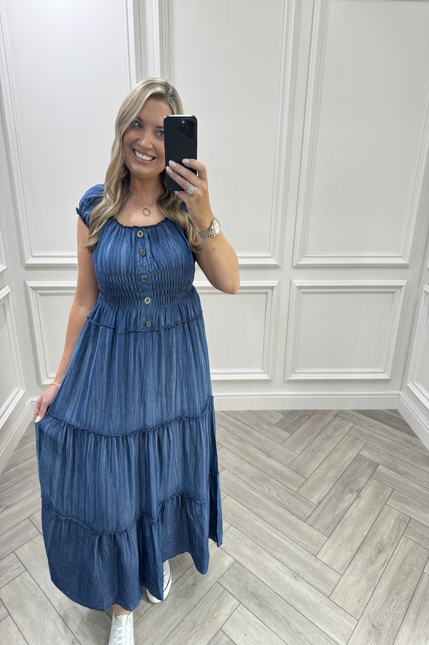 Olivia Denim Shirred Tiered Maxi Dress