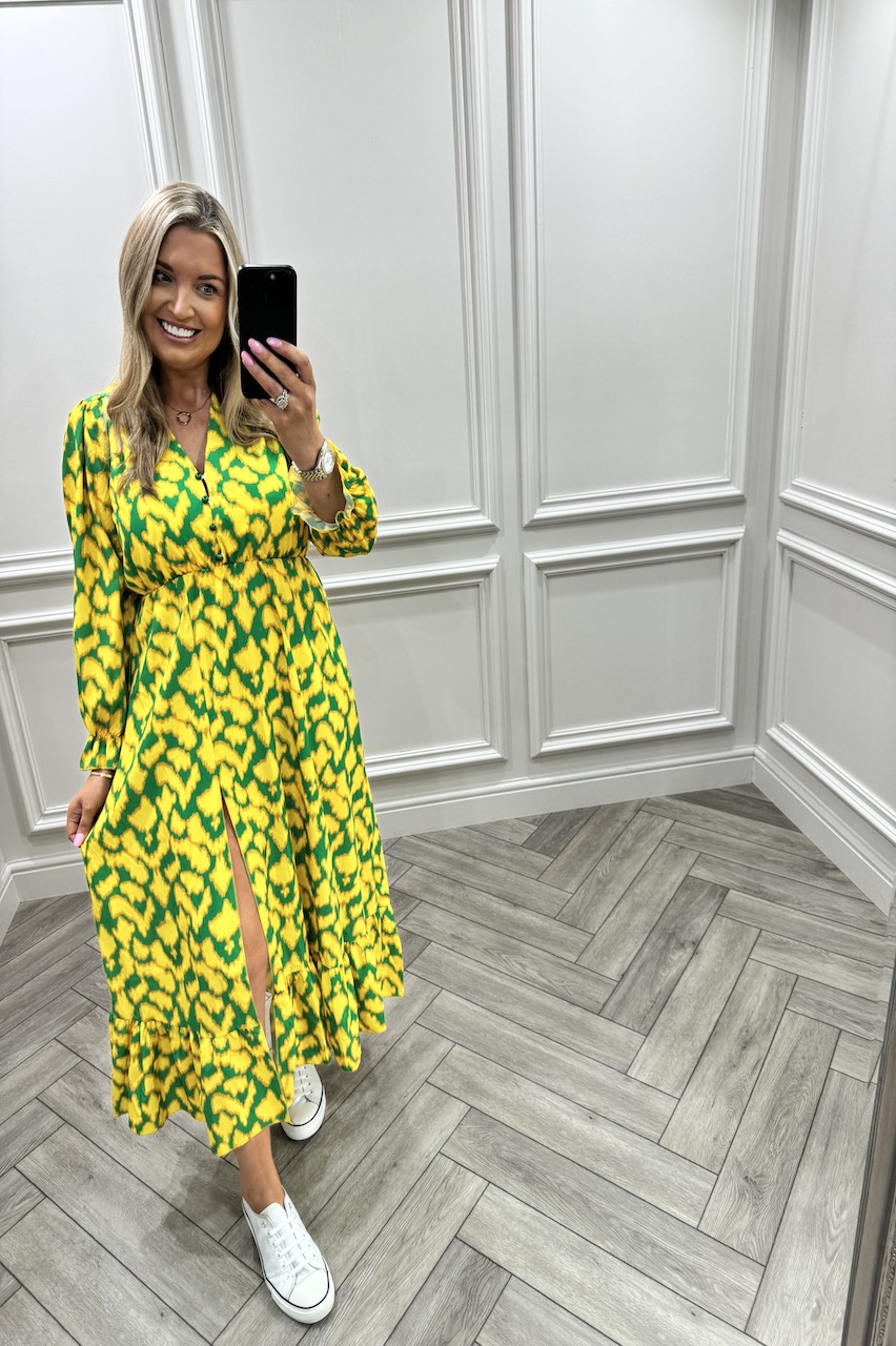 Yellow & Green Boho Split Detail  Midi Dress