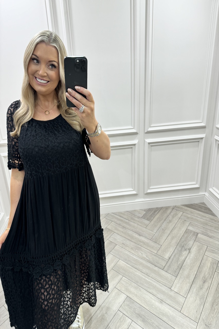 Black Isla Crochet Midi Dress