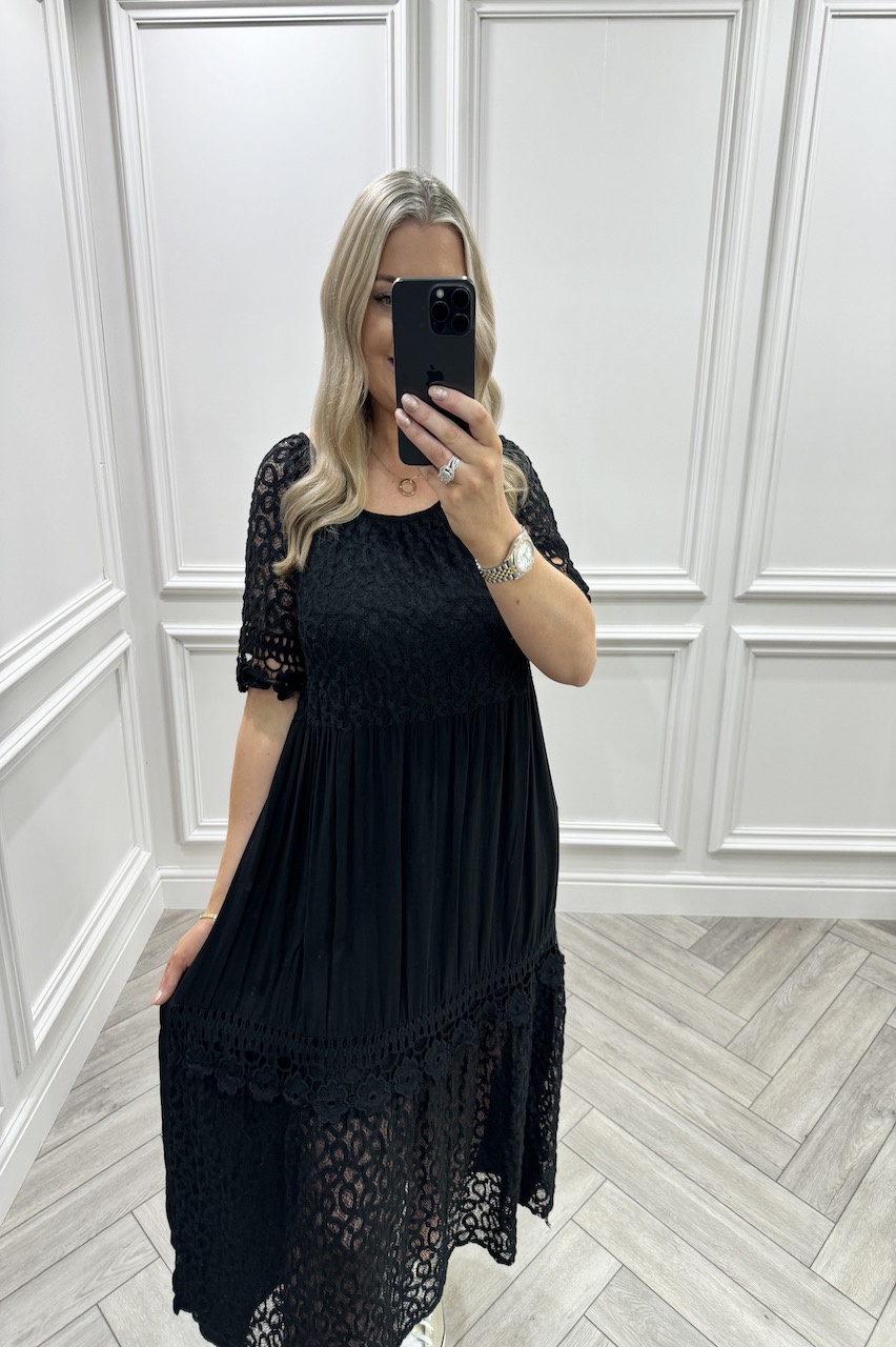 Black Isla Crochet Midi Dress