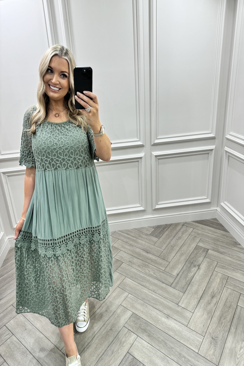 Khaki Isla Crochet Midi Dress