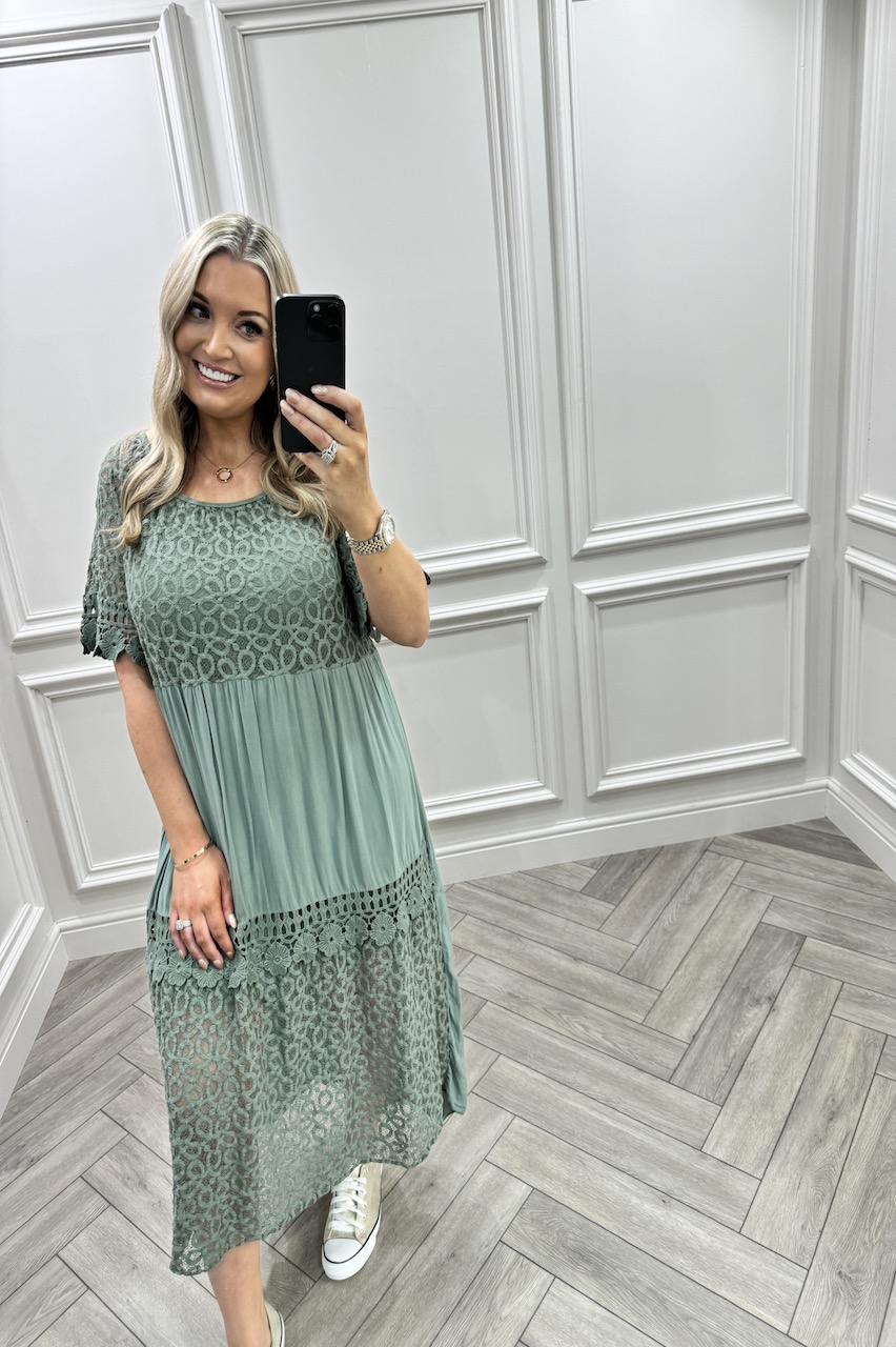 Khaki Isla Crochet Midi Dress