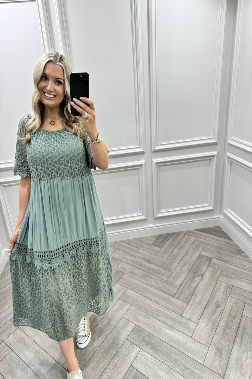 Khaki Isla Crochet Midi Dress