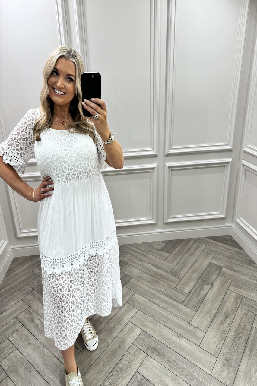 White  Isla Crochet Midi Dress