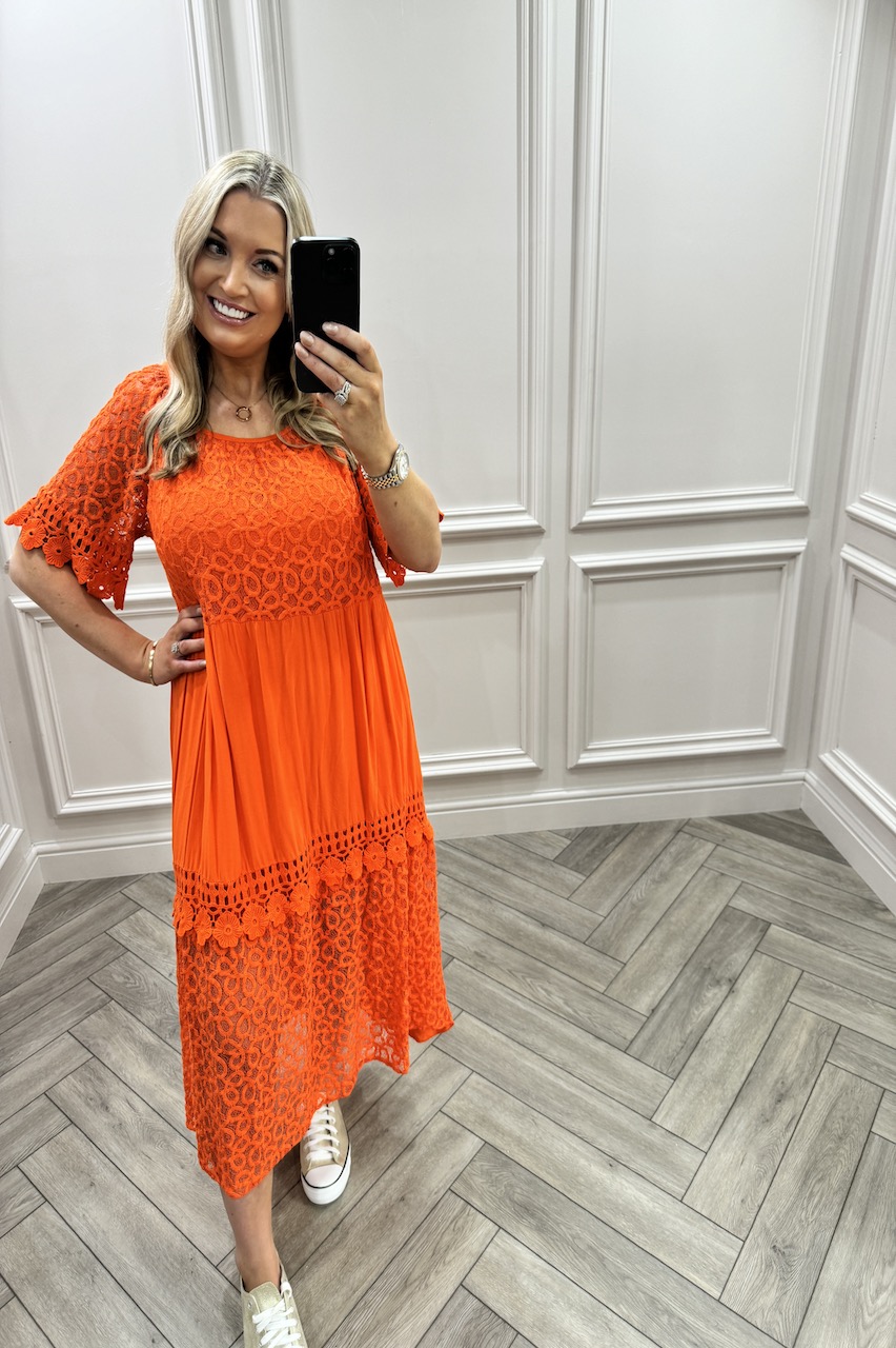 Orange  Isla Crochet Midi Dress