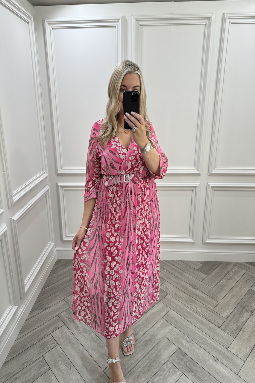  Lux Pink Destiny Pleated Midi Dress