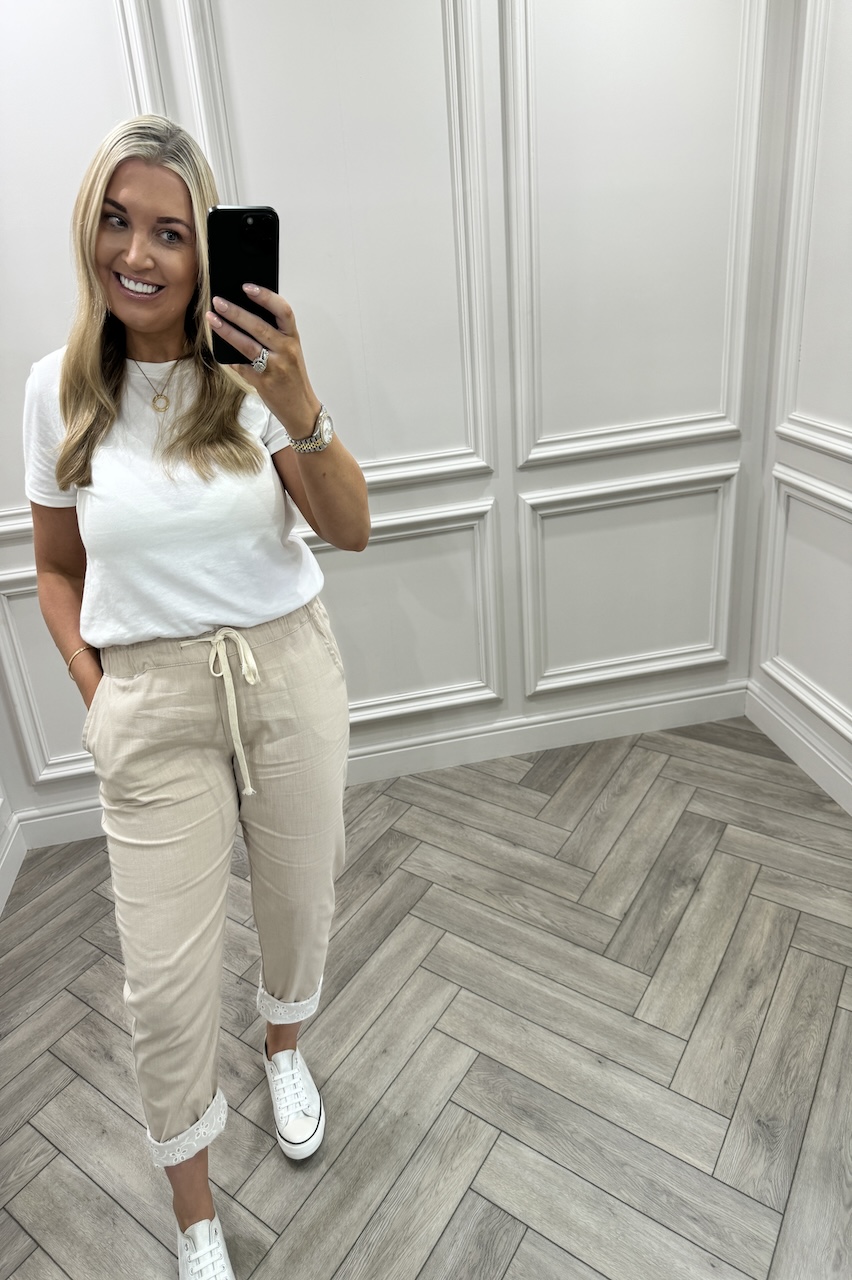Beige Chic Couture Joggers With Brodie Detail 
