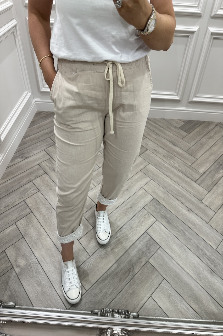 Beige Chic Couture Joggers With Brodie Detail 