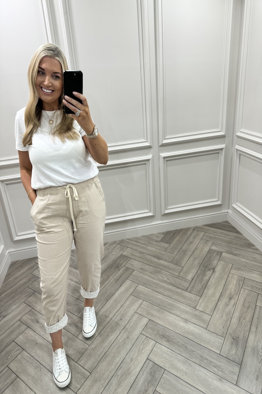 Beige Chic Couture Joggers With Brodie Detail 