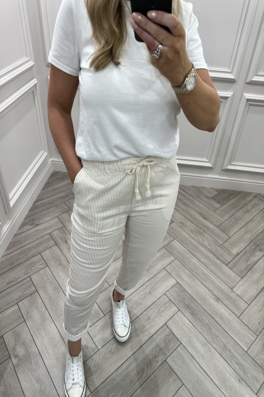 Beige Nautical Chic Couture Joggers With Brodie Detail 