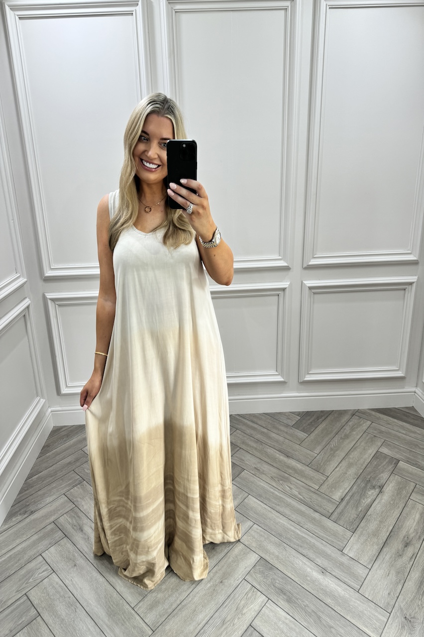 Paradise Stone, Beige & White Sleeveless Maxi