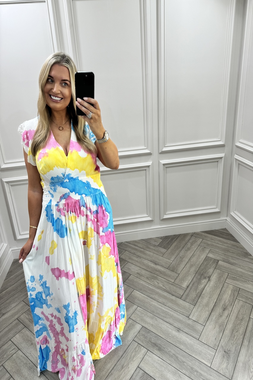 White, Pink, Blue & Yellow Wish Maxi Dress