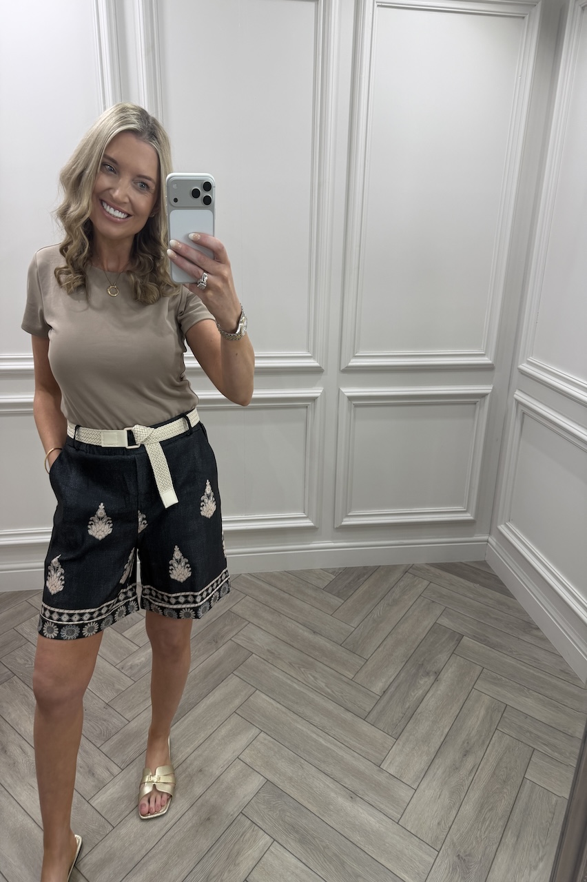 Black Alexandra Pattern Shorts With Belt