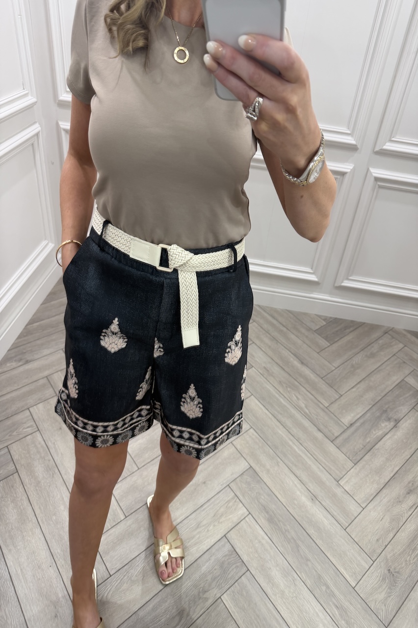 Black Alexandra Pattern Shorts With Belt
