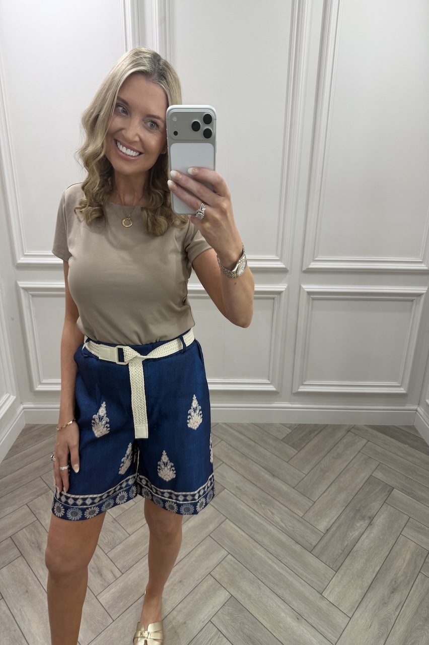 Navy Alexandra Pattern Shorts With Belt