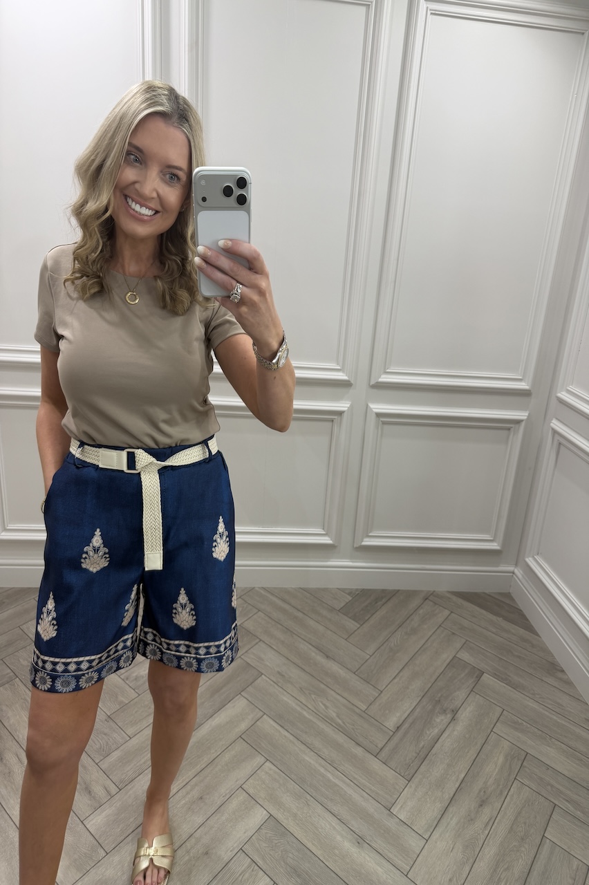 Navy Alexandra Pattern Shorts With Belt