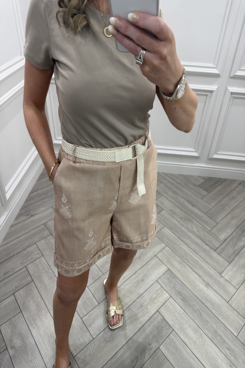 Beige Alexandra Pattern Shorts With Belt