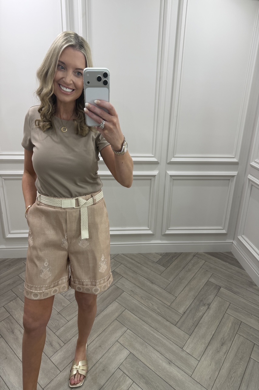 Beige Alexandra Pattern Shorts With Belt