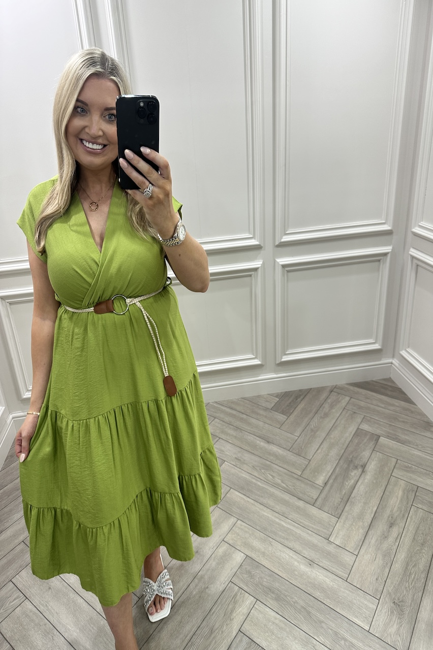 Lime Eden Tiered Dress With Belt