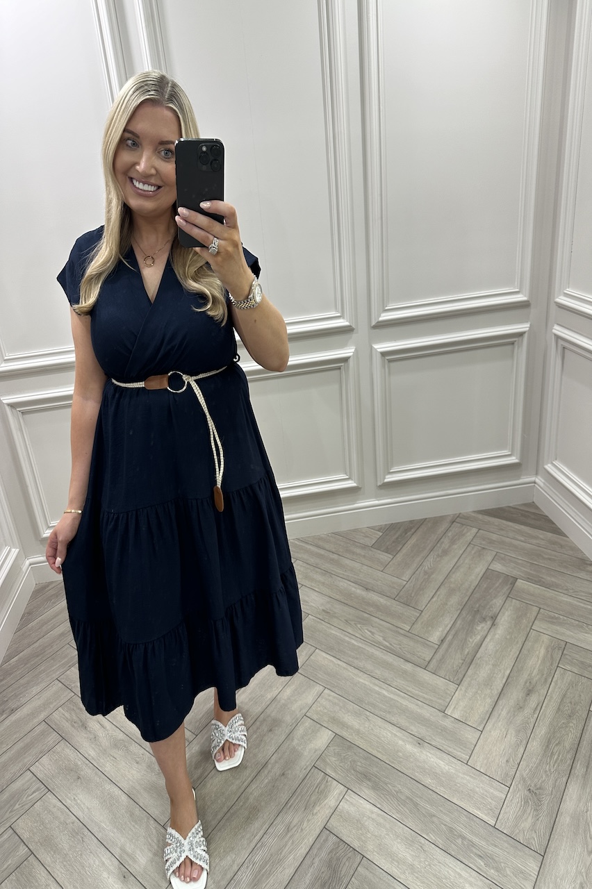 Navy Eden Tiered Dress With Belt