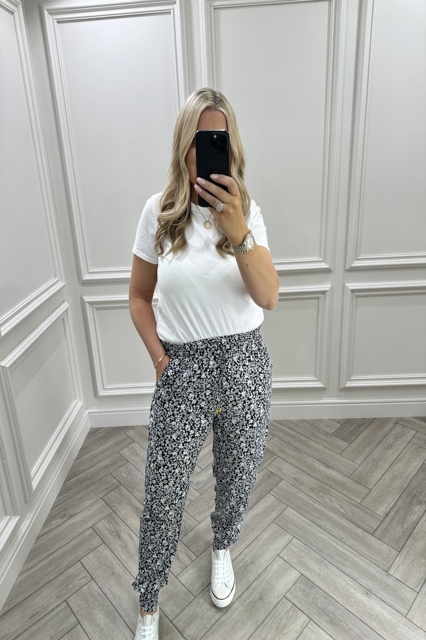 Navy Lilium Floral Elasticated Trousers
